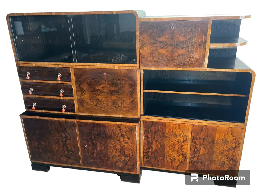 Starožitná knihovna leštěný ořech – vrcholné ArtDeco